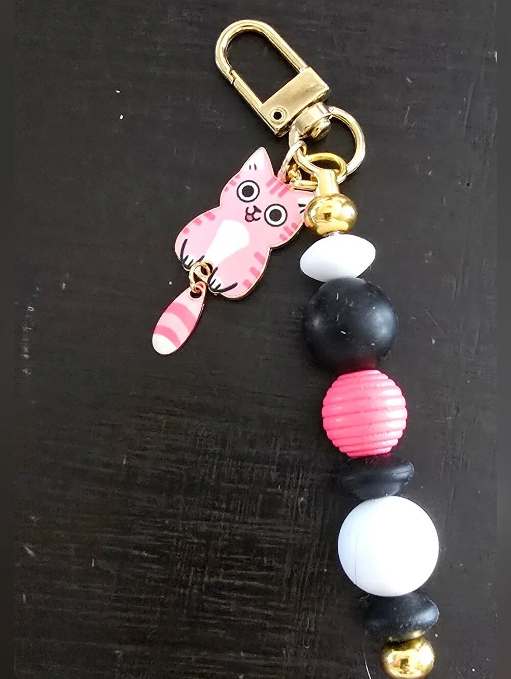 Pink Kitty Beaded Keychain with Black & White Beads